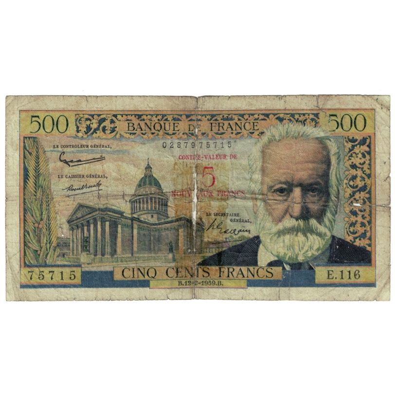 France, 5 Nouveaux Francs on 500 Francs, 1955-1959 Overprinted with ''Nouveaux