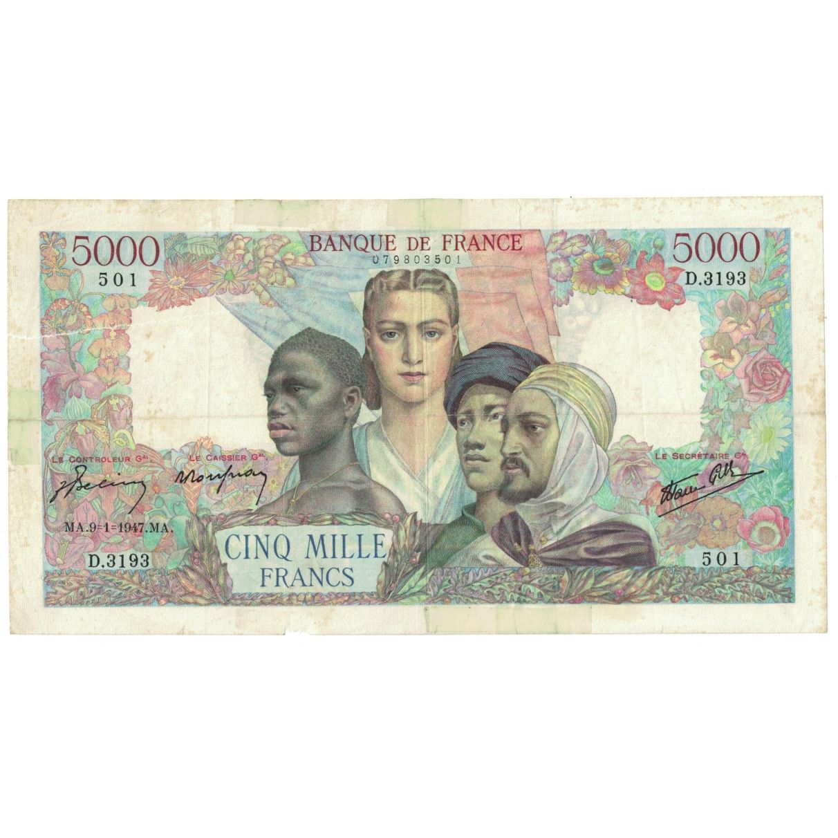 França, 5000 Francs, Empire Français, 1947, D.3193, VG(8-10), Fayette:47.58