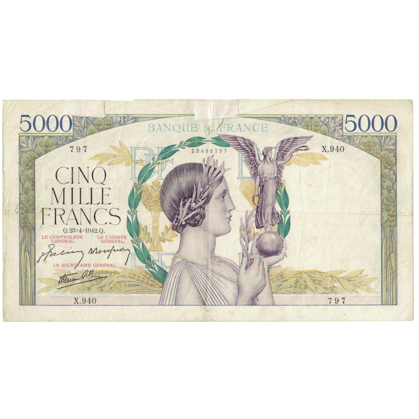 França, 5000 Francs, Victoire, 1942, X.940, VG(8-10), Fayette:46.37, KM:97c