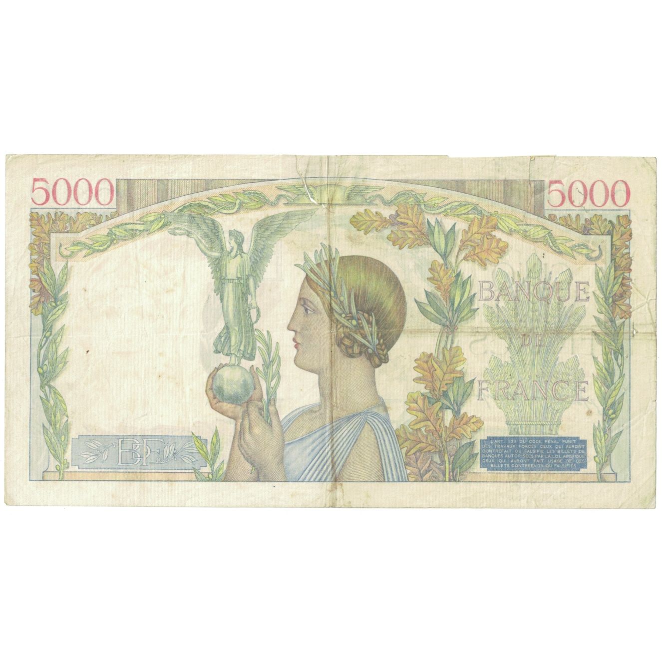 França, 5000 Francs, Victoire, 1942, X.940, VG(8-10), Fayette:46.37, KM:97c