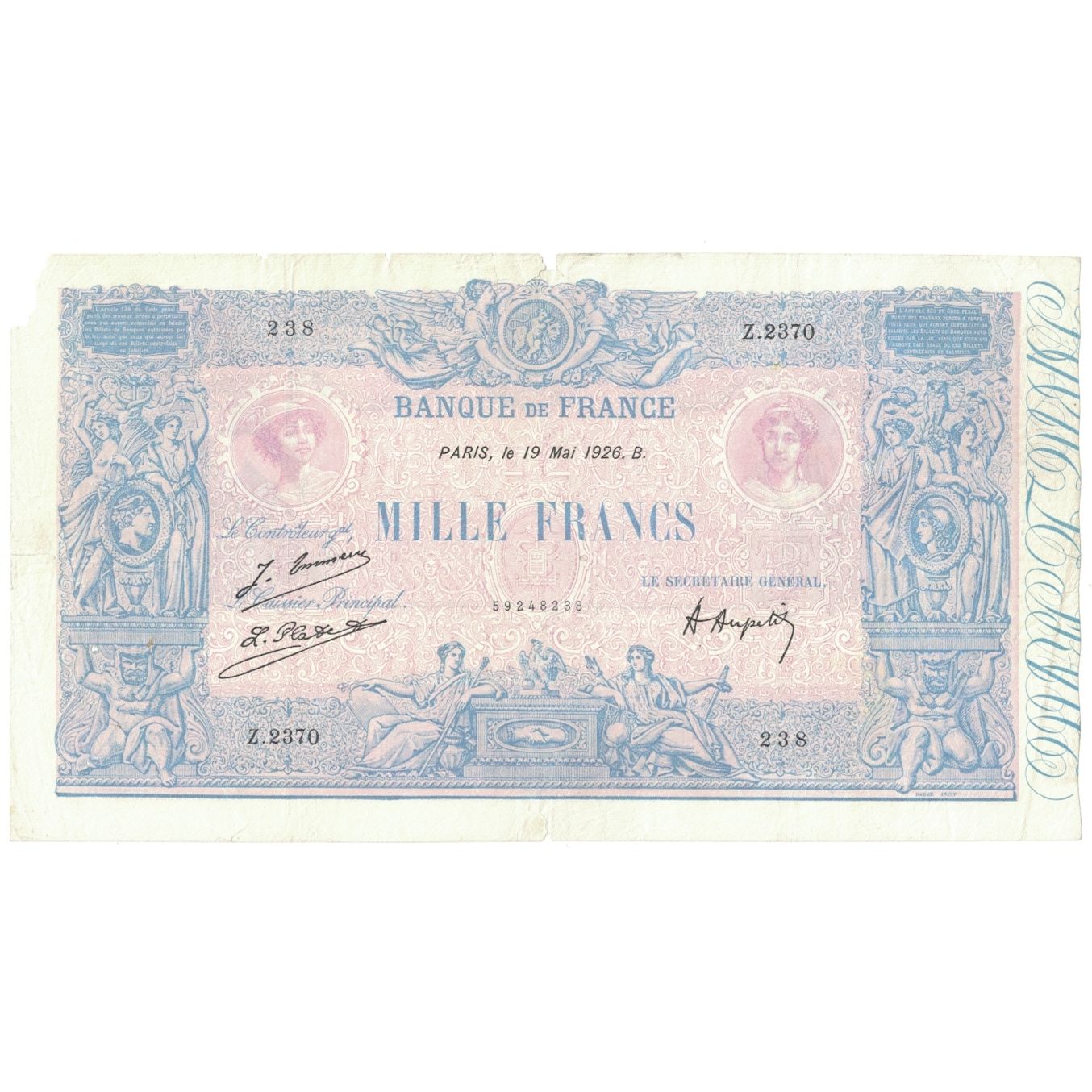 França, 1000 Francs, Bleu et Rose, 1926, Z.2370, VG(8-10), Fayette:36.42