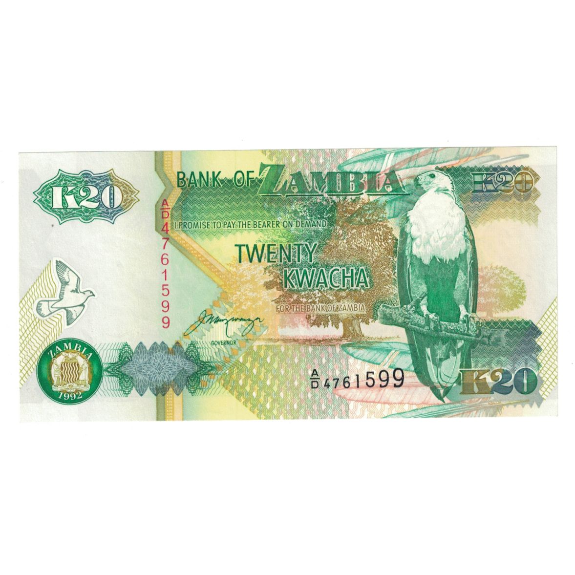 Biljet, Zambia, 20 Kwacha, 1992, KM:36b, SPL+