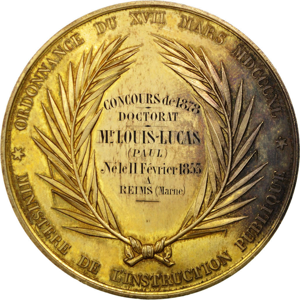France, Medal, French Third Republic, Arts & Culture, 1878, AU(55-58), Vermeil