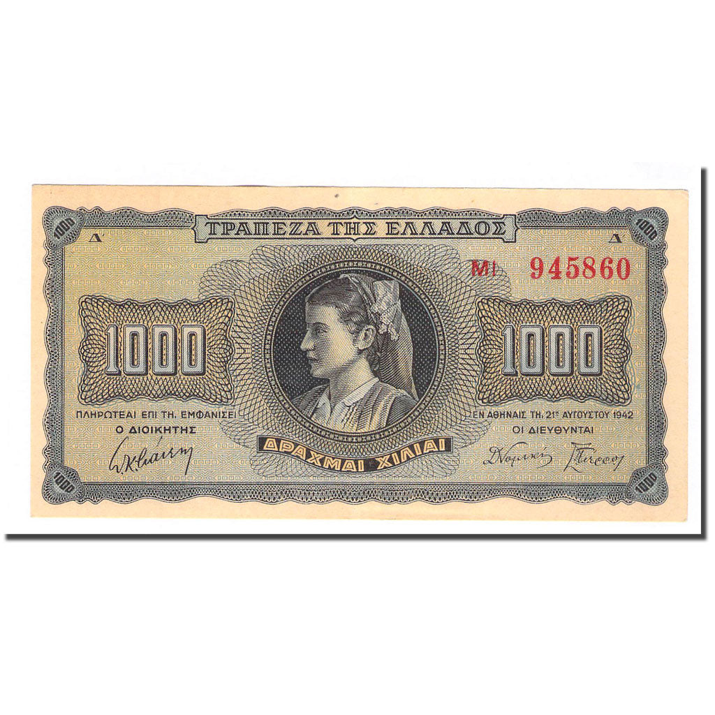 Geldschein, Griechenland, 1000 Drachmai, 1942-08-21, KM:118a, VZ