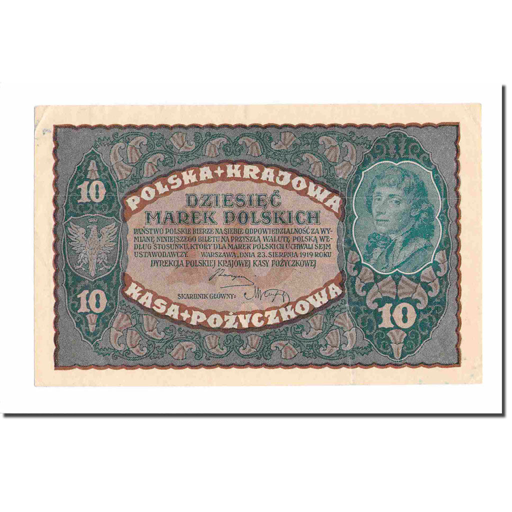 Banknote, Poland, 10 Marek, 1919, 1919-08-23, KM:25, AU(55-58)