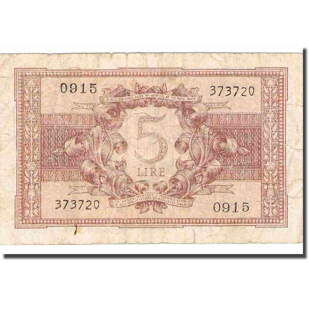 Banknote, Italy, 5 Lire, 1944, 1944-11-23, KM:31c, VF(20-25)