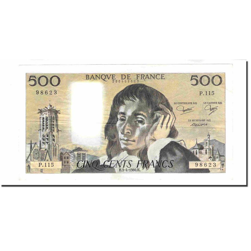 França, 500 Francs, Pascal, 1980, 1980-04-03, AU(55-58), Fayette:71.30, KM:156e