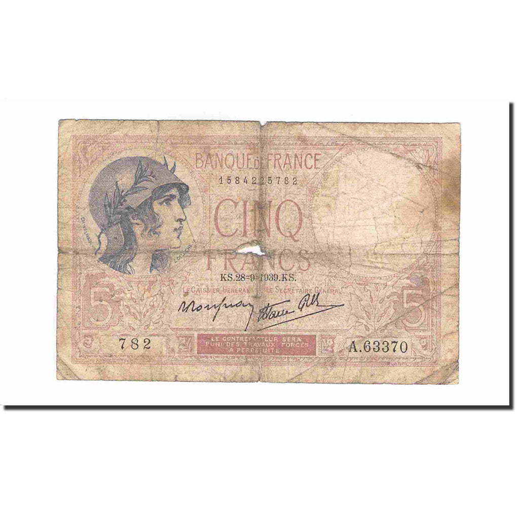 Francia, 5 Francs, Violet, 1939, 1939-09-28, MC, Fayette:04.10, KM:83