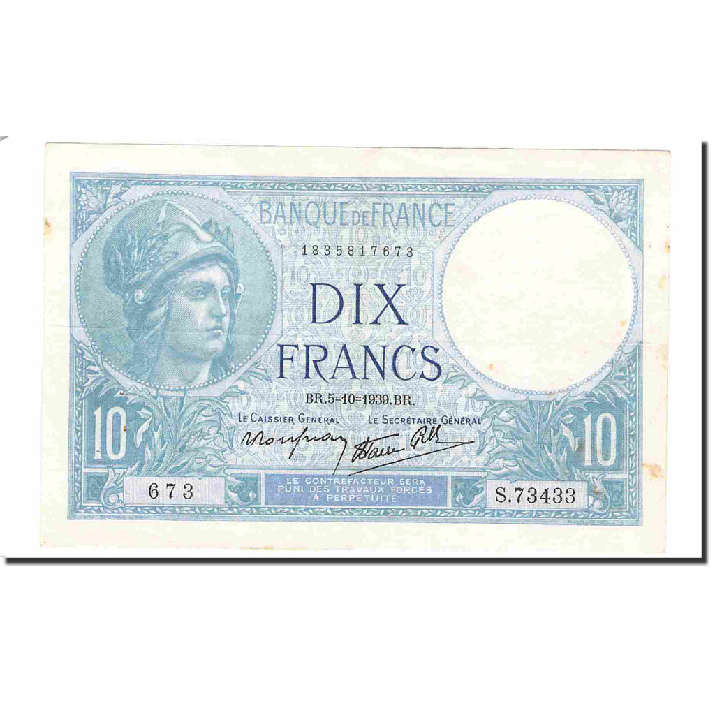 Francia, 10 Francs, Minerve, 1939, 1939-10-05, SPL-, Fayette:07.10, KM:84