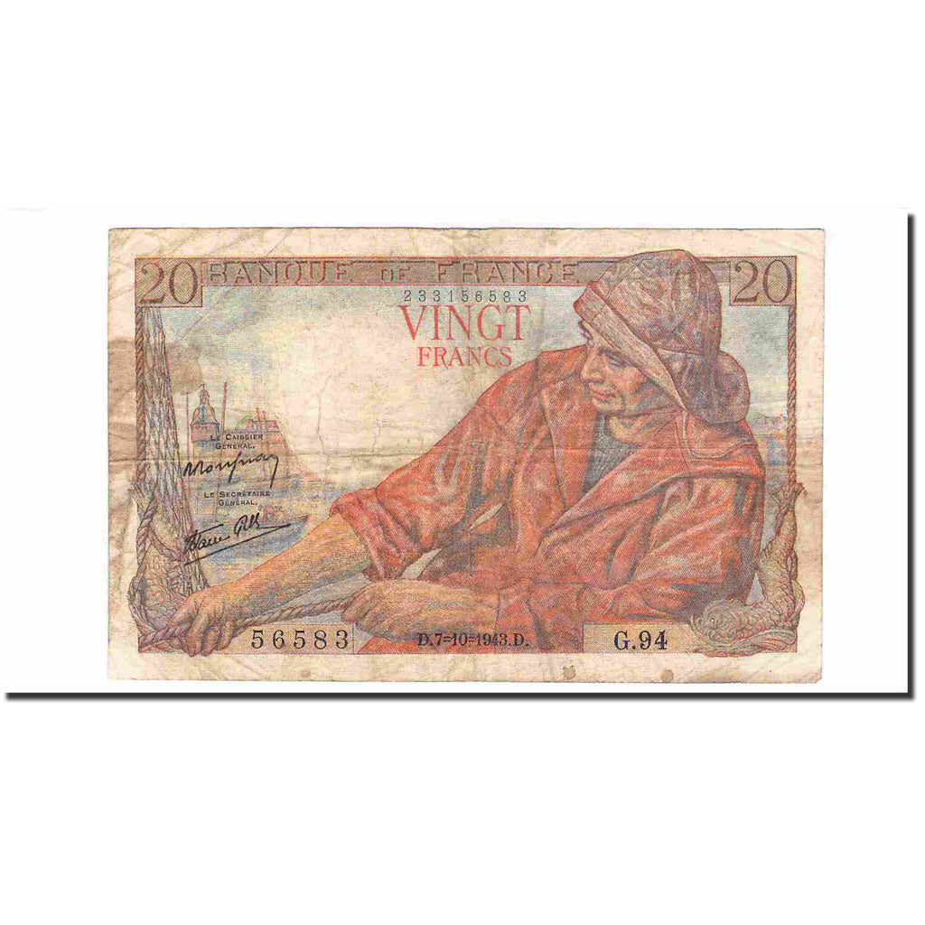 Francia, 20 Francs, Pêcheur, 1943, 1943-10-07, B+, Fayette:13.07, KM:100a