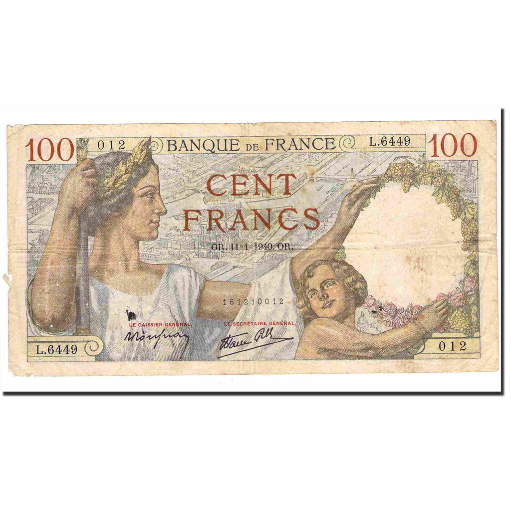 France, 100 Francs, Sully, 1940, 1940-01-11, B+, Fayette:26.20, KM:94