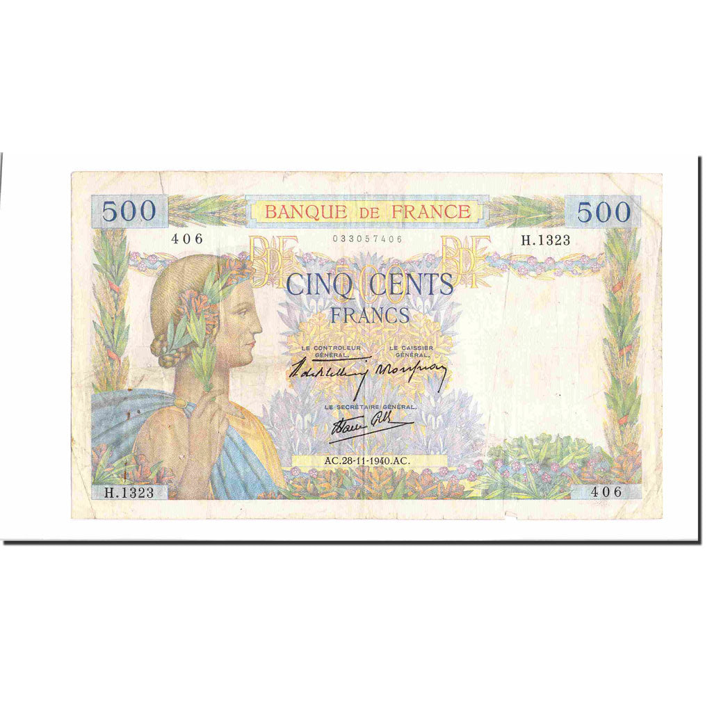 France, 500 Francs, La Paix, 1940, 1940-11-28, VF(30-35), Fayette:32.09, KM:95a