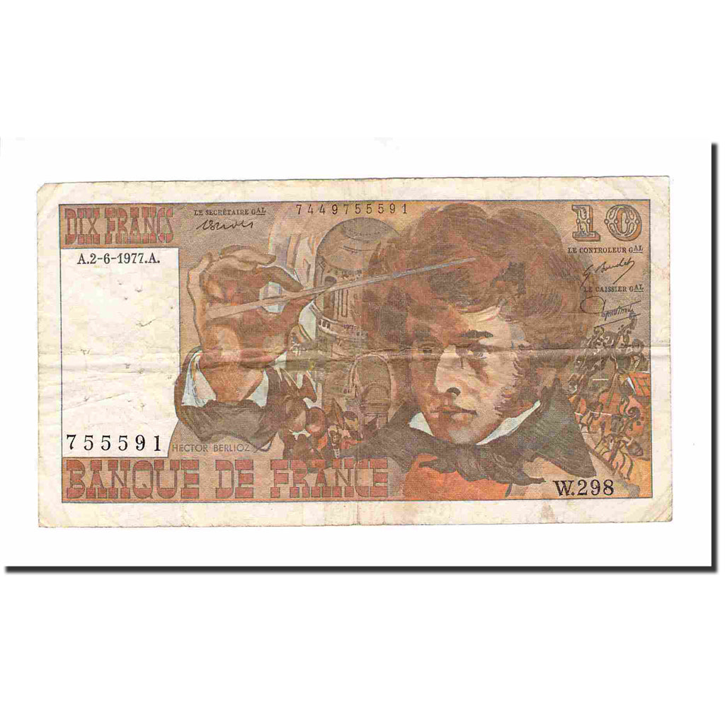 France, 10 Francs, Berlioz, 1977, 1977-06-02, VF(20-25), Fayette:F63.22, KM:150c