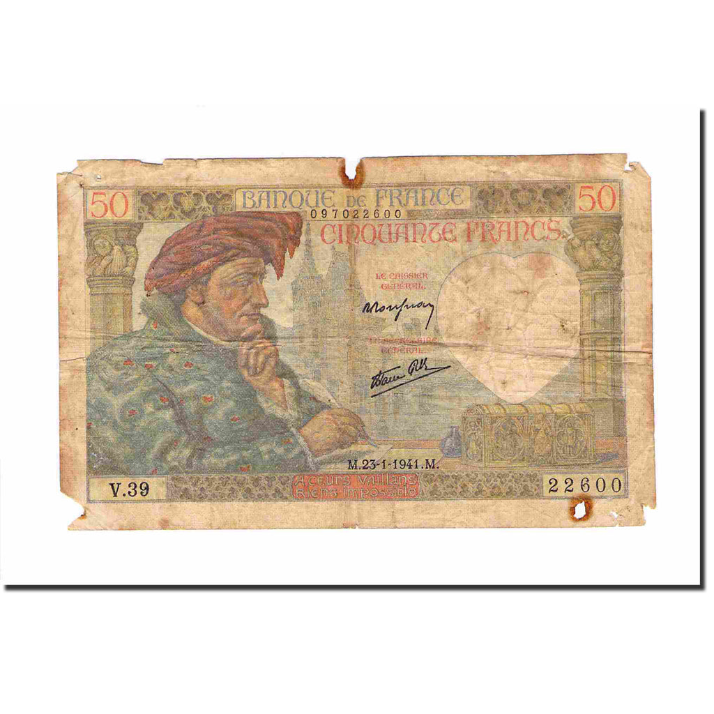 France, 50 Francs, Jacques Coeur, 1941, 1941-01-23, VG(8-10), Fayette:19.5