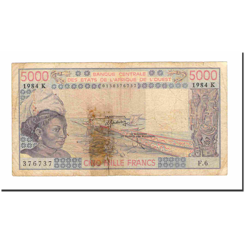 Banknote, West African States, 5000 Francs, 1984, KM:108Al, VG(8-10)