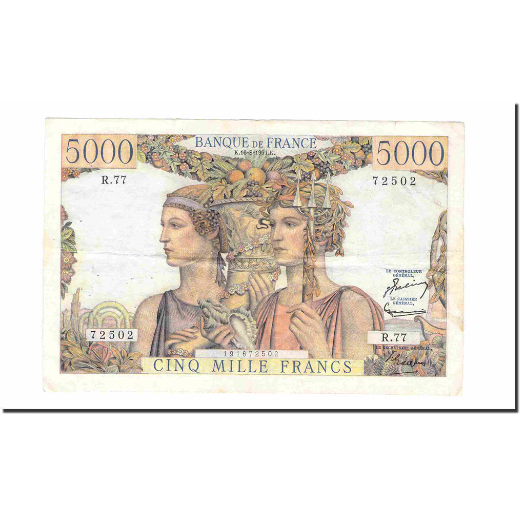 France, 5000 Francs, Terre et Mer, 1951, 1951-08-16, EF(40-45), Fayette:48.05