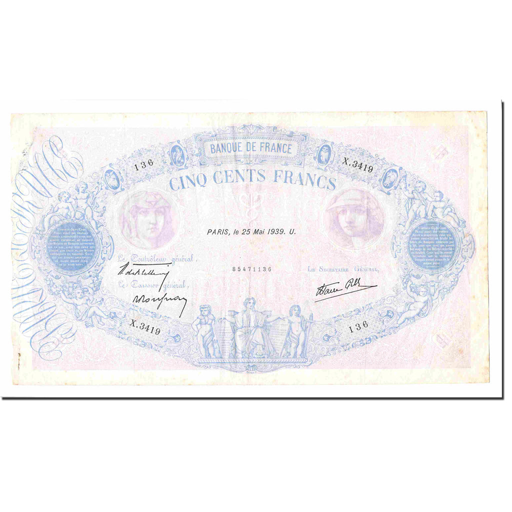 Francia, 500 Francs, Bleu et Rose, 1939, 1939-05-25, BC+, Fayette:31.33, KM:88c