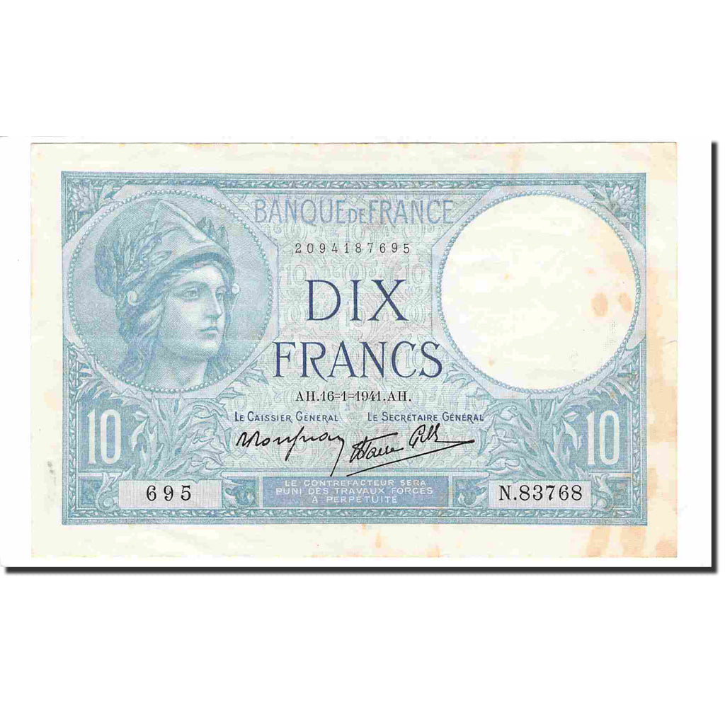 France, 10 Francs, Minerve, 1941, 1941-01-16, EF(40-45), Fayette:7.28, KM:84
