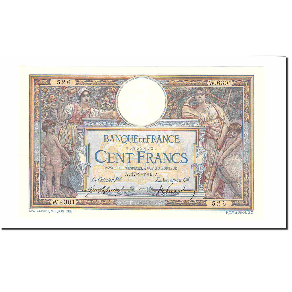 France, 100 Francs, Luc Olivier Merson, 1919, 1919-09-17, UNC(60-62)