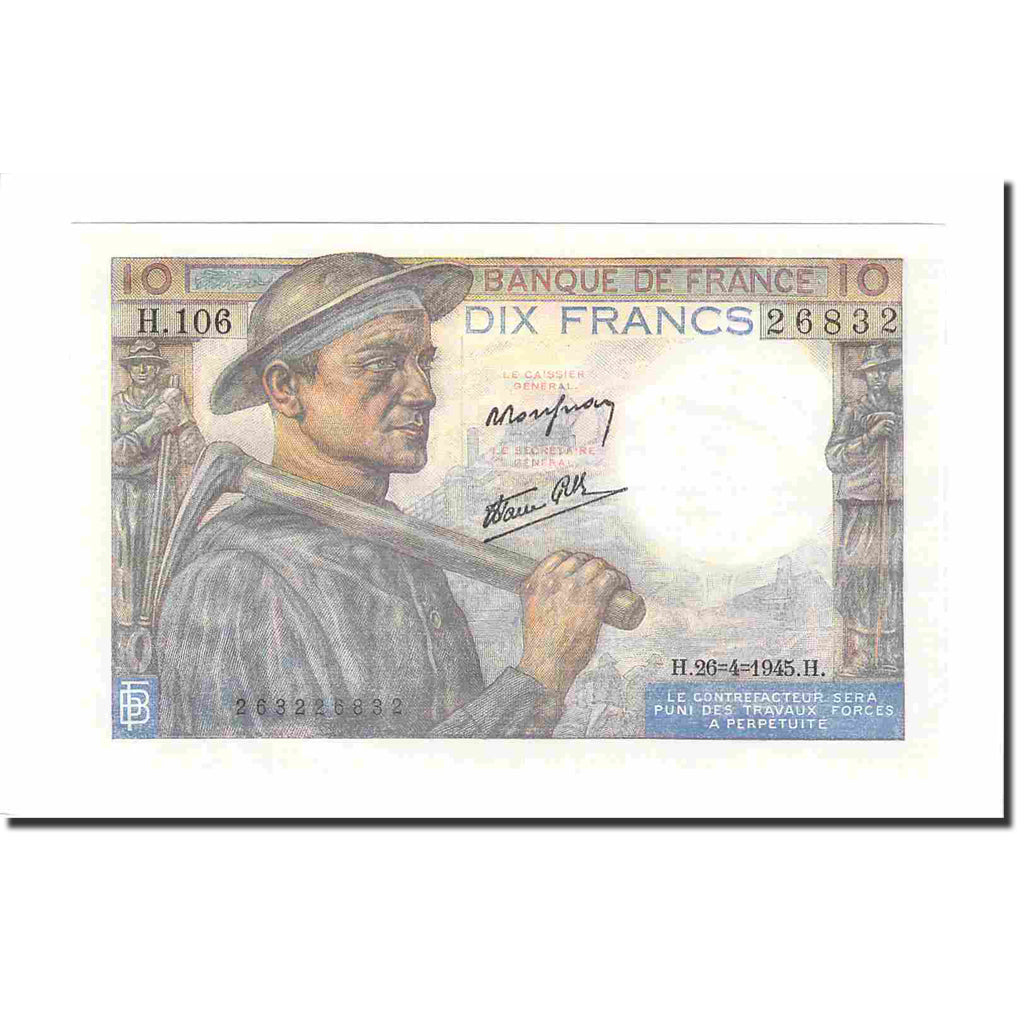 Francja, 10 Francs, Mineur, 1945, 1945-04-26, UNC(65-70), Fayette:8.14, KM:99e
