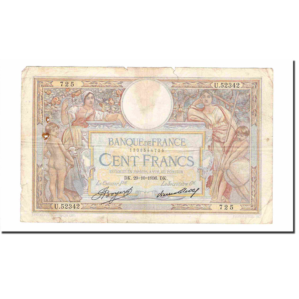 França, 100 Francs, Luc Olivier Merson, 1936, 1936-10-29, VF(20-25), KM:78c