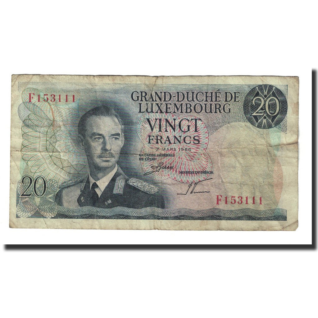 Banknote, Luxembourg, 20 Francs, 1966, 1966-03-07, KM:54a, EF(40-45)