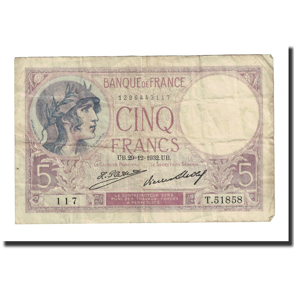 France, 5 Francs, Violet, 1932, 1932-12-29, F(12-15), Fayette:3.16, KM:83