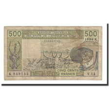 Banknot, Kraje Afryki Zachodniej, 500 Francs, 1986, KM:706Ki, VF(20-25)
