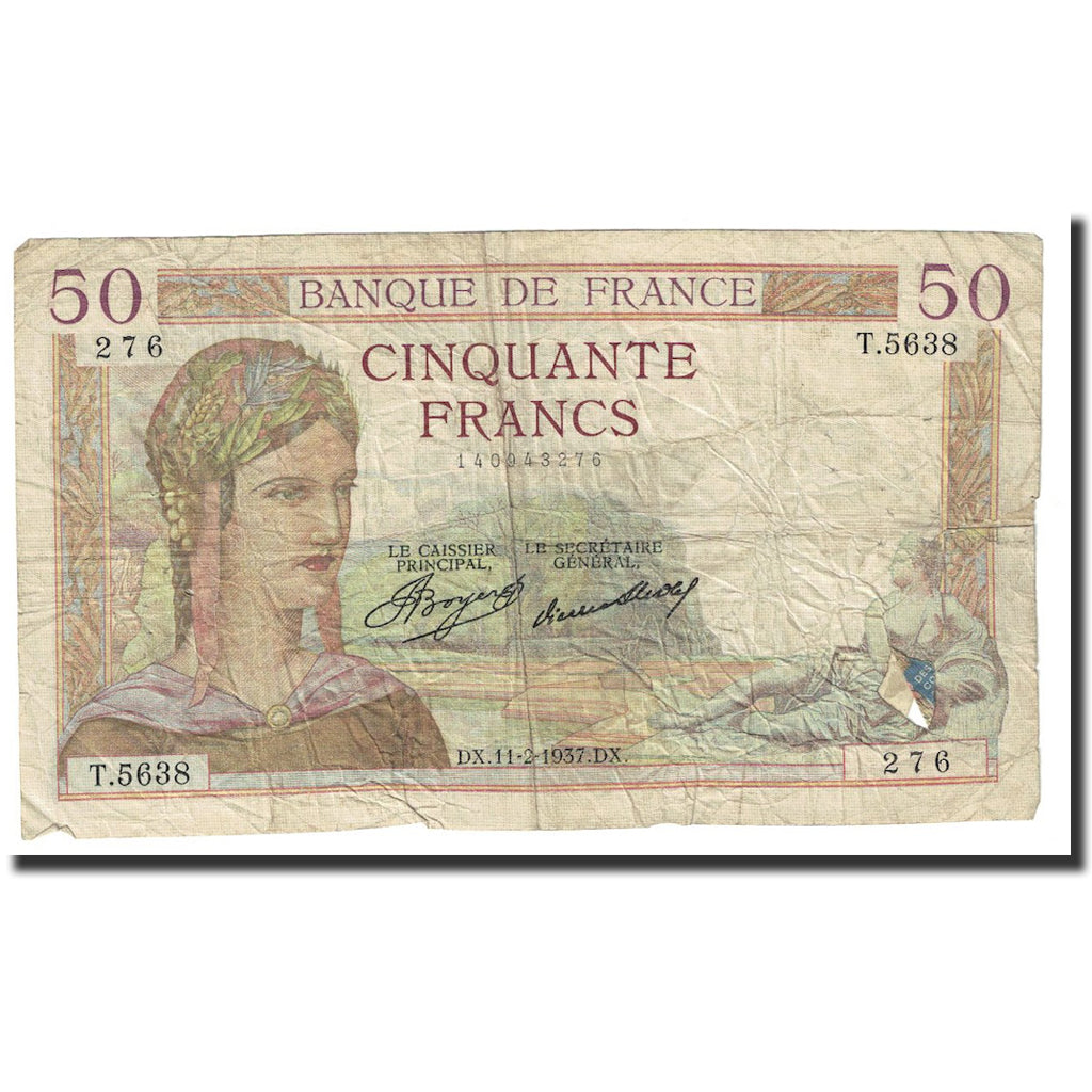 Francia, 50 Francs, Cérès, 1937, 1937-02-11, MB, Fayette:17.34, KM:81
