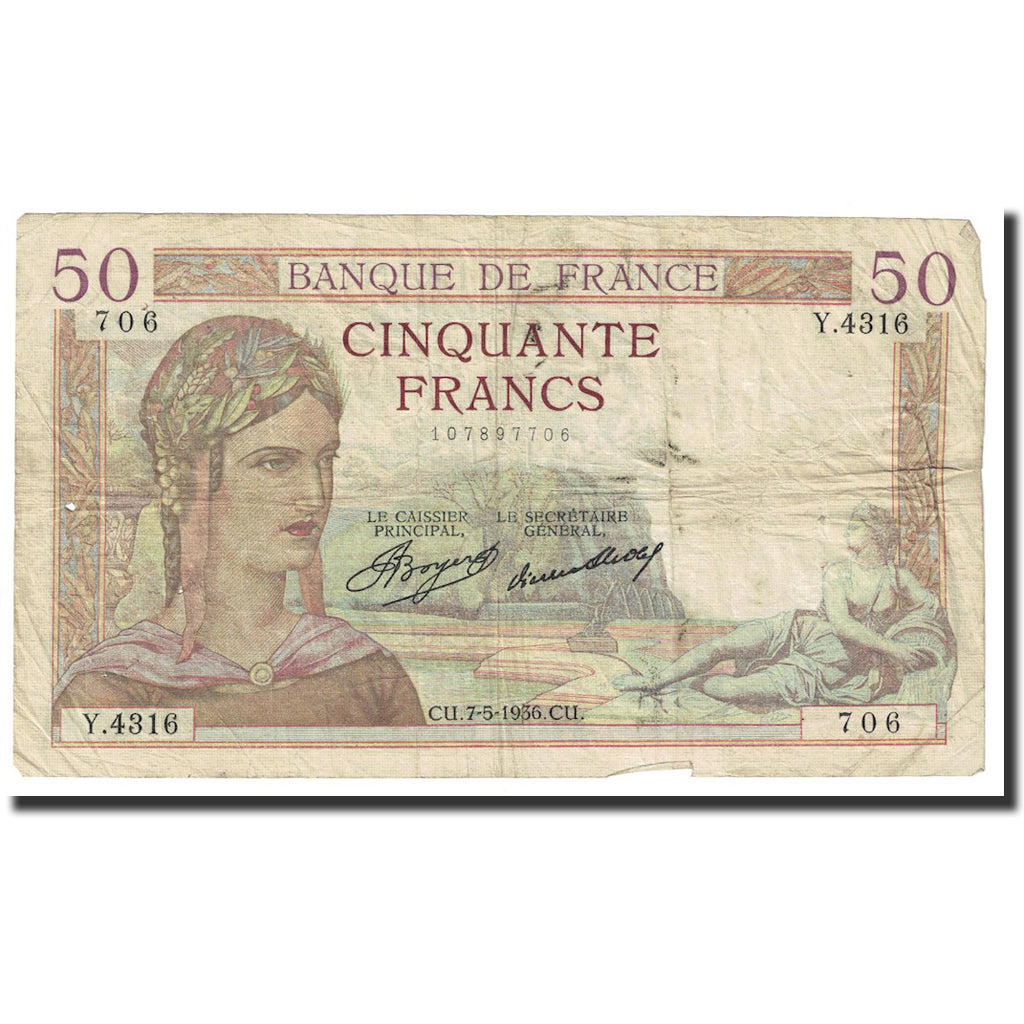 France, 50 Francs, Cérès, 1937, 1937-02-11, VF(20-25), Fayette:17.25, KM:81