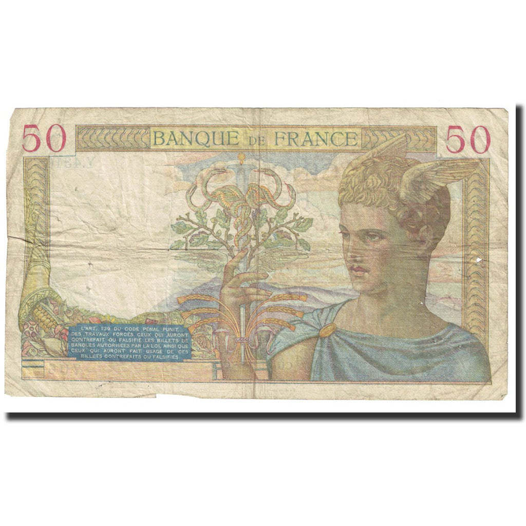 France, 50 Francs, Cérès, 1937, 1937-02-11, VF(20-25), Fayette:17.25, KM:81