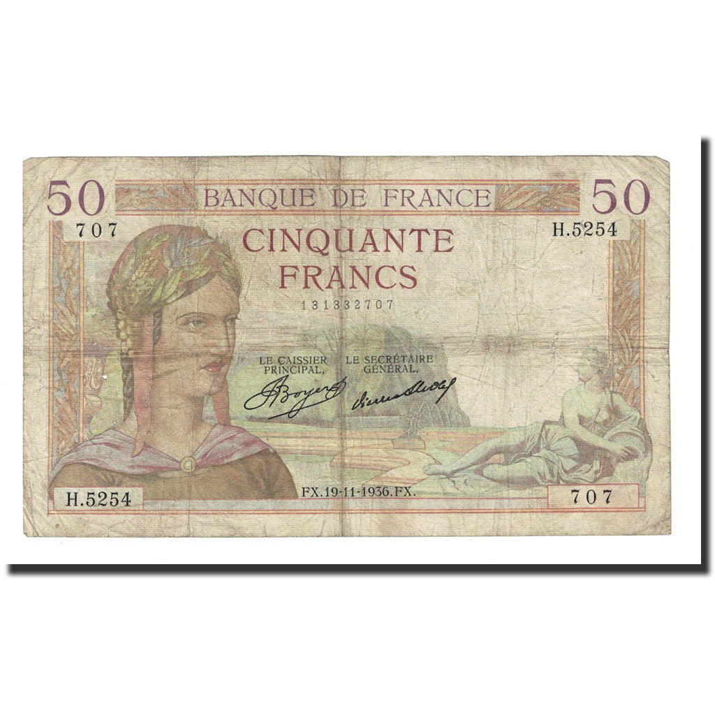 França, 50 Francs, Cérès, 1936, 1936-11-19, VF(20-25), Fayette:17.31, KM:81