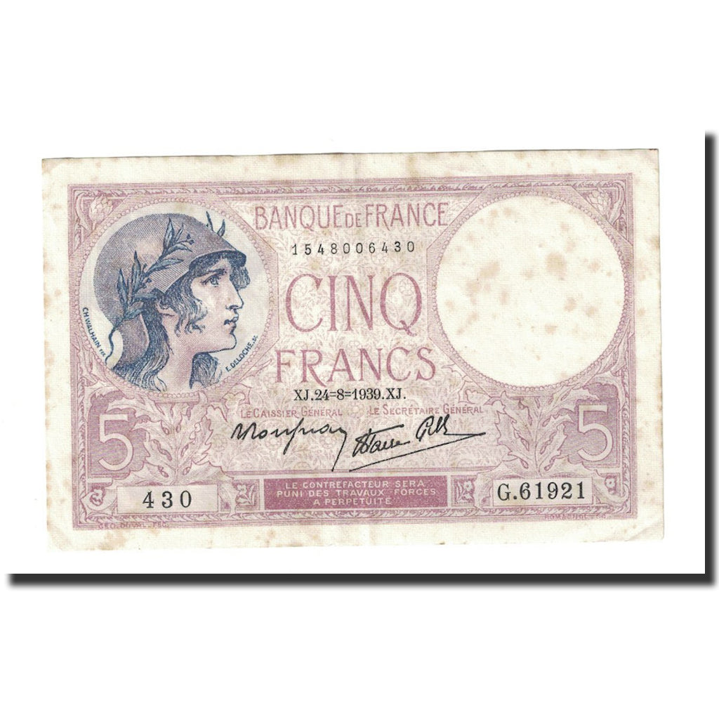 Francia, 5 Francs, Violet, 1939, 1939-08-24, BC+, Fayette:4.7, KM:83