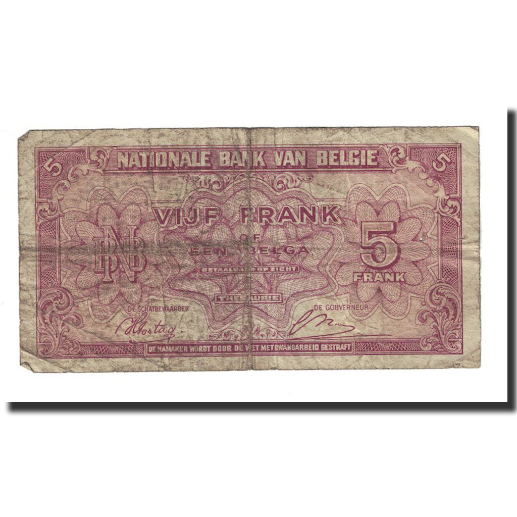 Geldschein, Belgien, 5 Francs-1 Belga, 1943, 1943-02-01, KM:121, S+