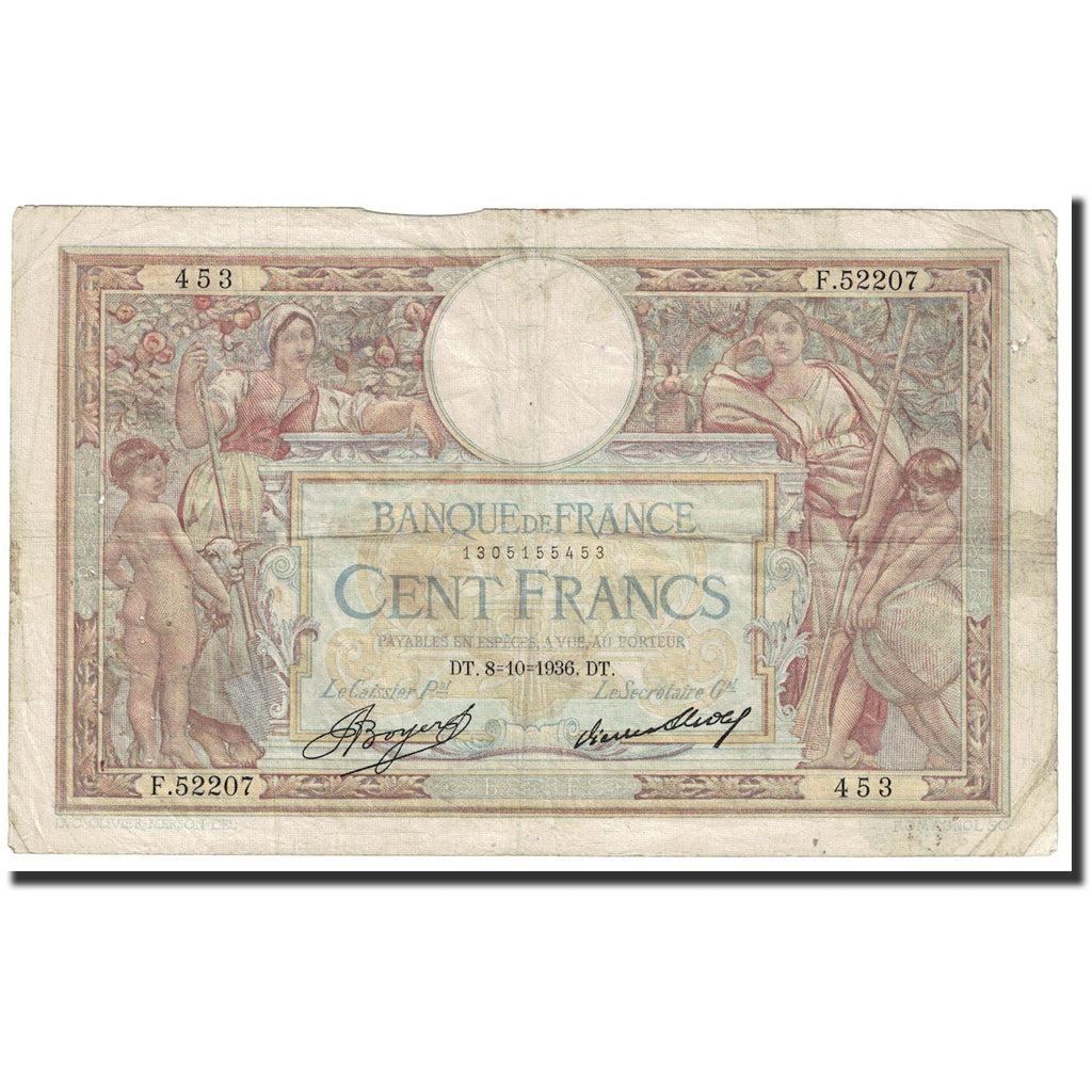 France, 100 Francs, Luc Olivier Merson, 1936, 1936-10-08, VF(20-25)