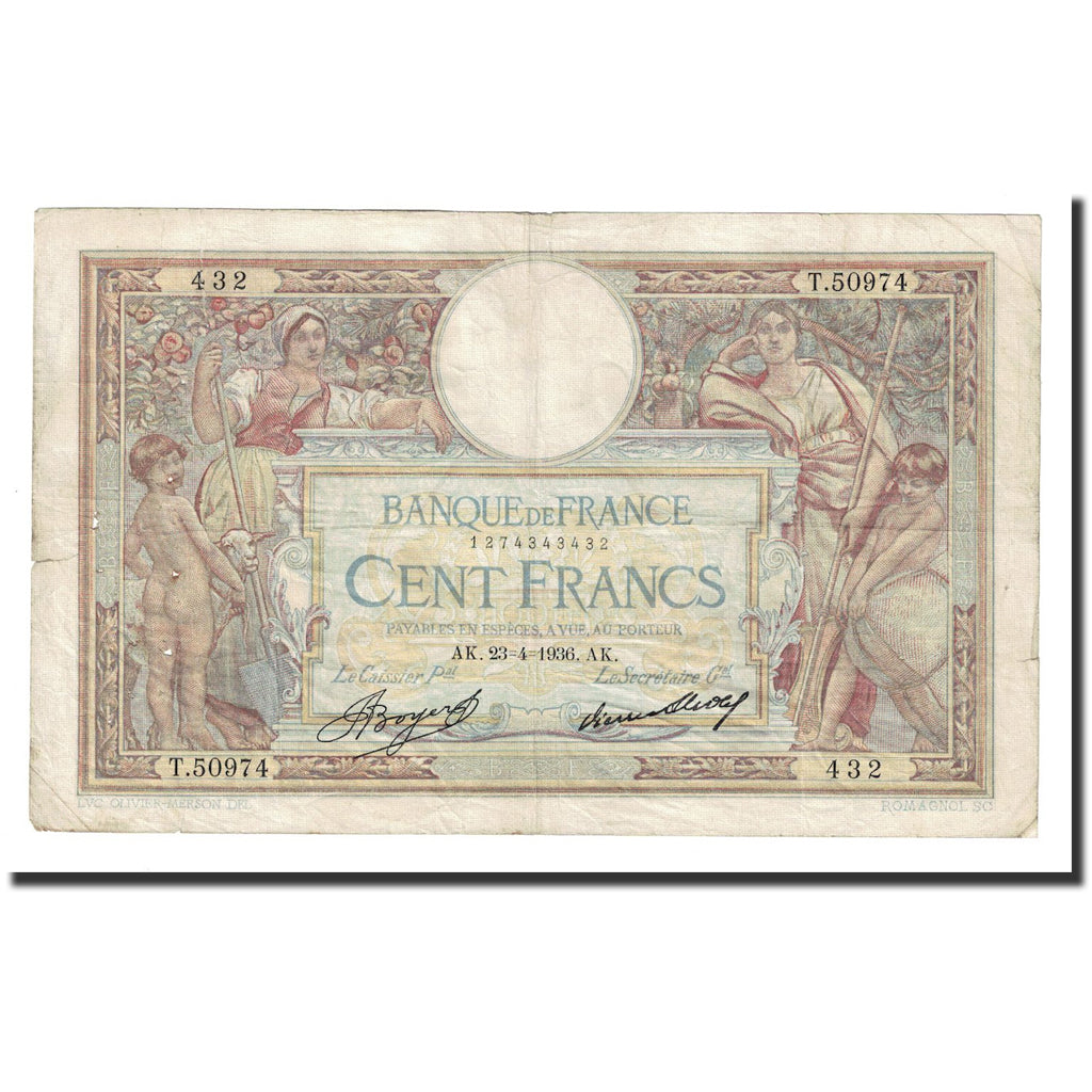 France, 100 Francs, Luc Olivier Merson, 1936, 1936-04-23, VF(20-25)