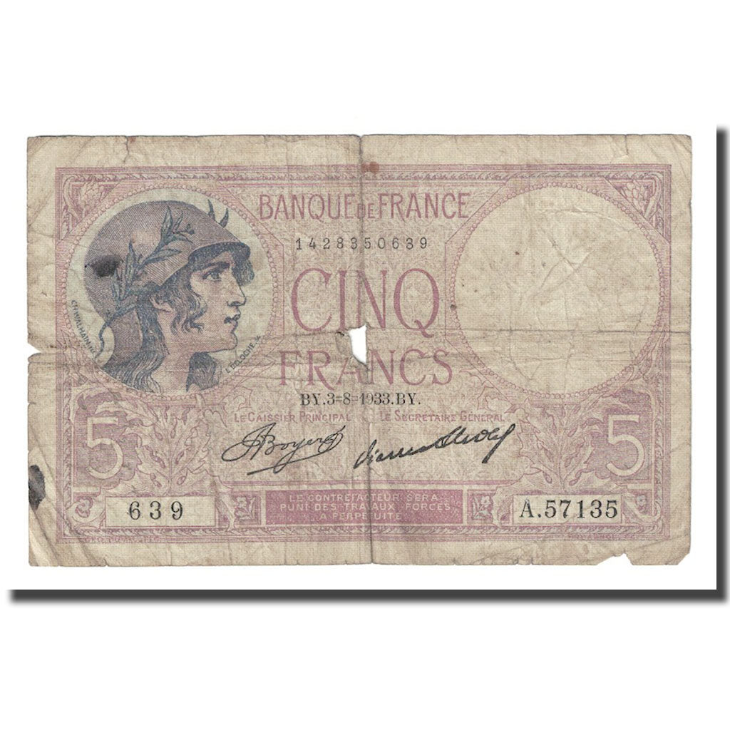 França, 5 Francs, Violet, 1933, 1933-08-03, VG(8-10), Fayette:3.17, KM:72e