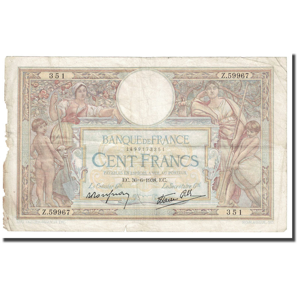France, 100 Francs, Luc Olivier Merson, 1938, 1938-06-30, VG(8-10)