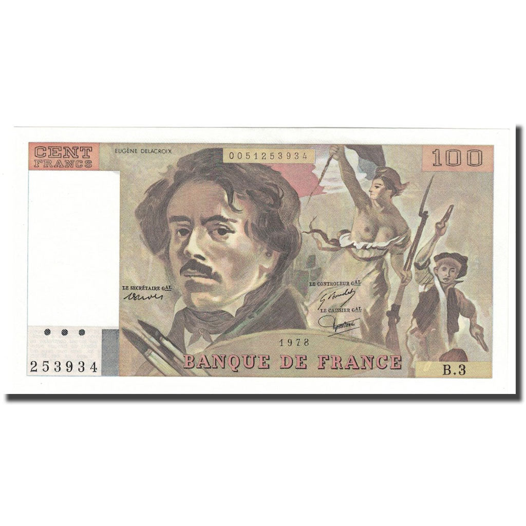 France, 100 Francs, Delacroix, 1978, UNC(63), Fayette:68.3, KM:153