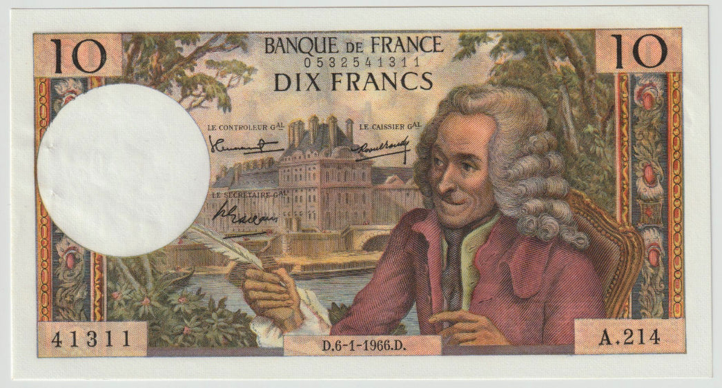 Frankreich, 10 Francs, Voltaire, 1966, 1966-01-06, UNZ-, Fayette:62.19, KM:147b