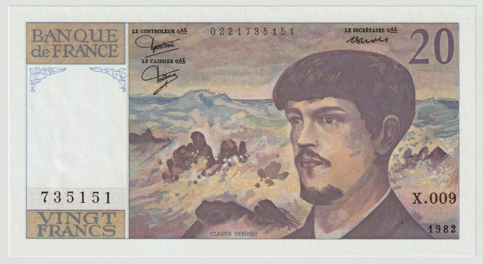 France, 20 Francs, Debussy, 1982, UNC(65-70), Fayette:66.3, KM:151a