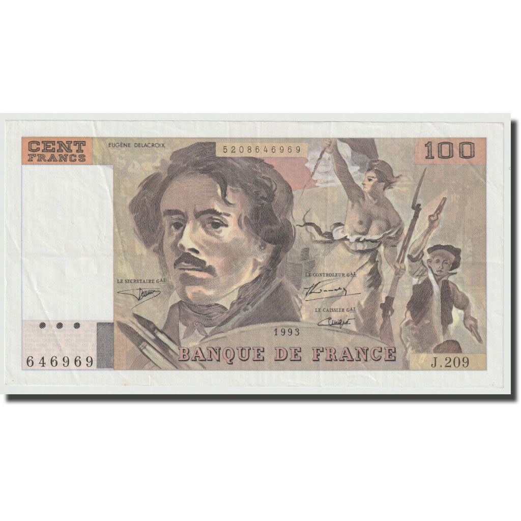 França, 100 Francs, Delacroix, 1993, UNC(65-70), Fayette:69bis.5, KM:154g