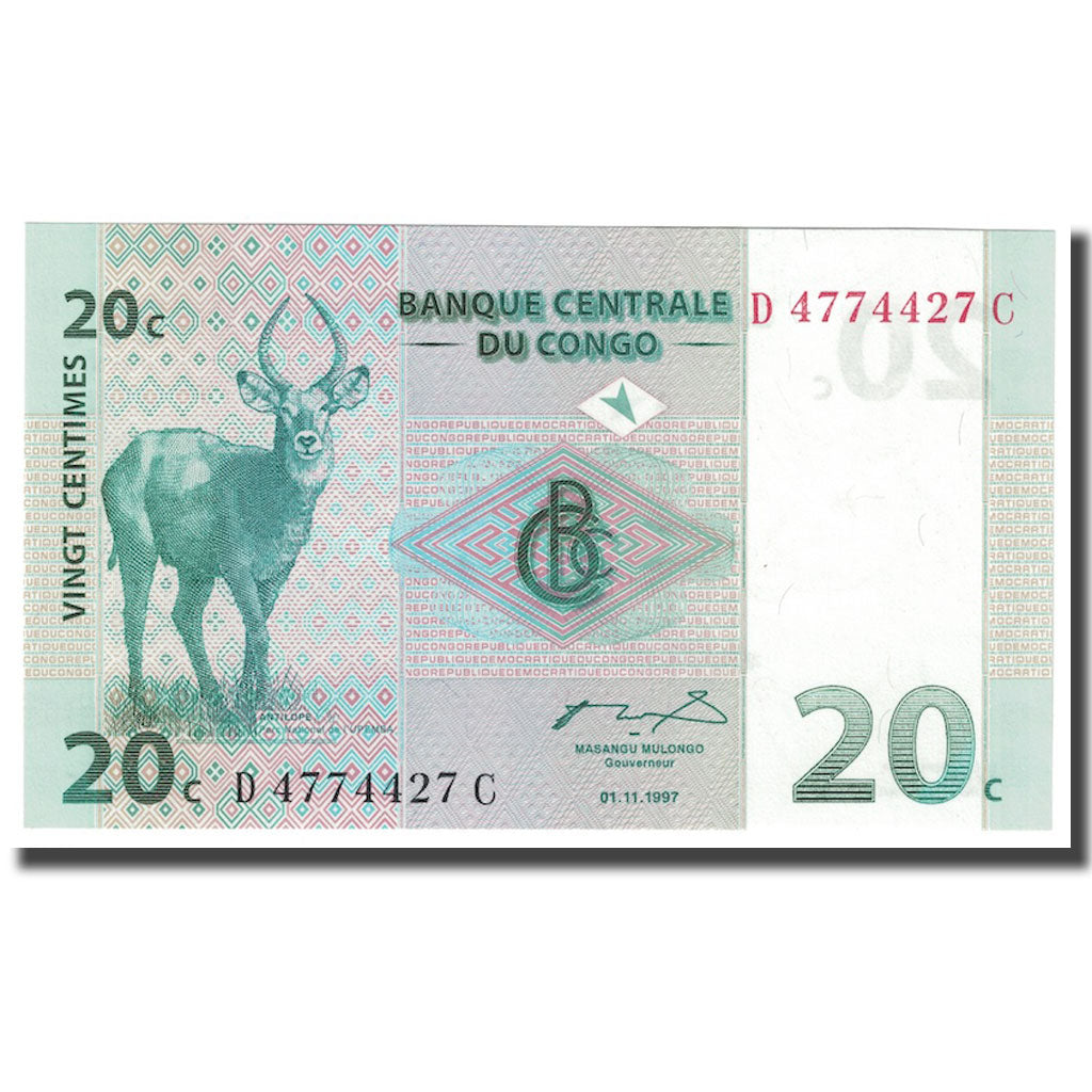 Banknot, Republika Demokratyczna Konga, 20 Centimes, 1997, 1997-11-01, KM:83a