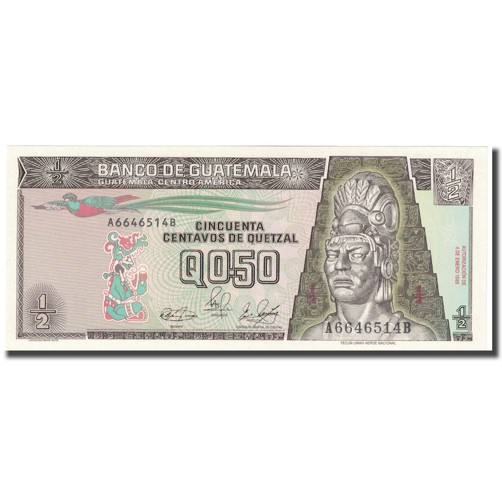 Banknote, Guatemala, 1/2 Quetzal, 1989, 1989-01-04, KM:72a, UNC(64)