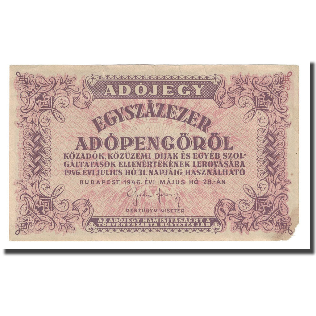 Banconote, Ungheria, 100,000 (Egyszázezer) Adópengö, 1946, 1946-05-28