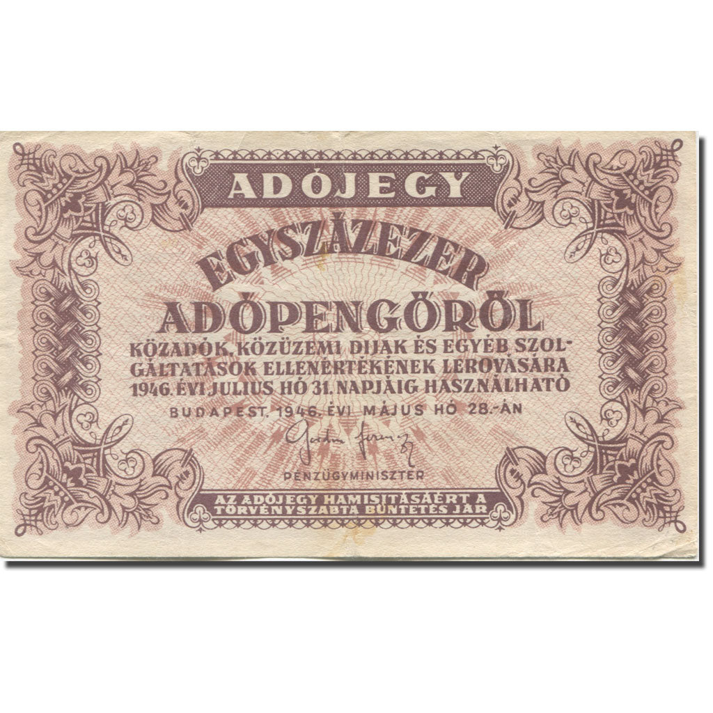 Banknote, Hungary, 100,000 (Egyszázezer) Adópengö, 1946, 1946-05-28, KM:144b