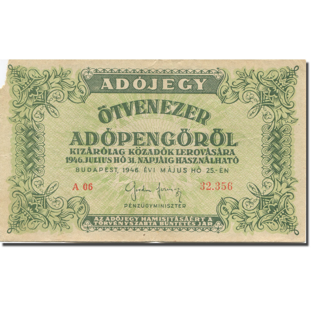 Banconote, Ungheria, 50,000 (Ötvenezer) Adópengö, 1946, 1946-05-25, KM:138a