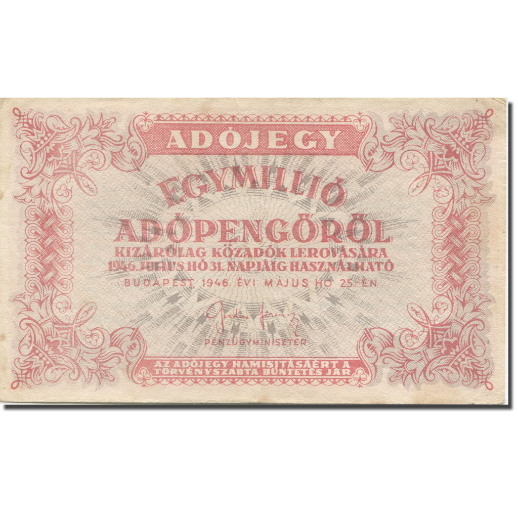 Banknote, Hungary, 1,000,000 (Egymillió) Adópengö, 1946, 1946-05-25, KM:140c