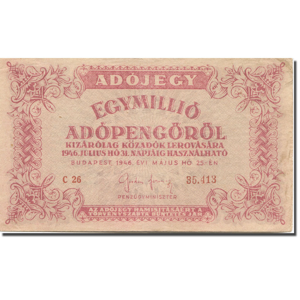 Banconote, Ungheria, 1,000,000 (Egymillió) Adópengö, 1946, 1946-05-25