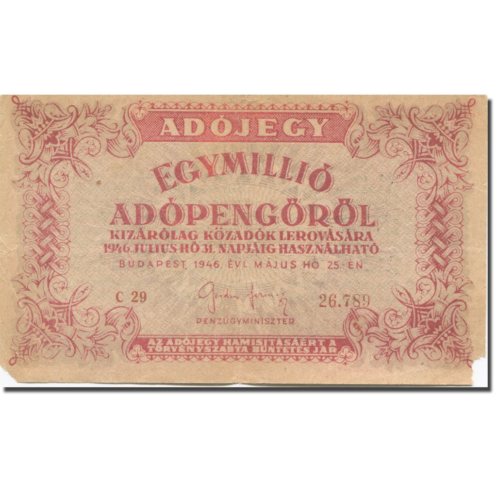 Banknote, Hungary, 1,000,000 (Egymillió) Adópengö, 1946, 1946-05-25, KM:140a